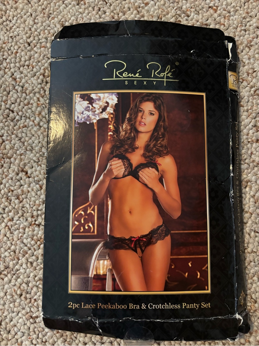 Sexy Black Lace Peekaboo Bra & Crotchless Panty Set